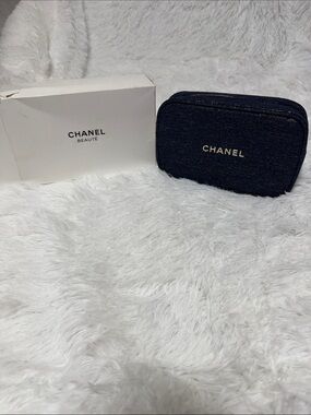 CHANEL Beaute Navy Denim Logo Pouch with Gold Lettering